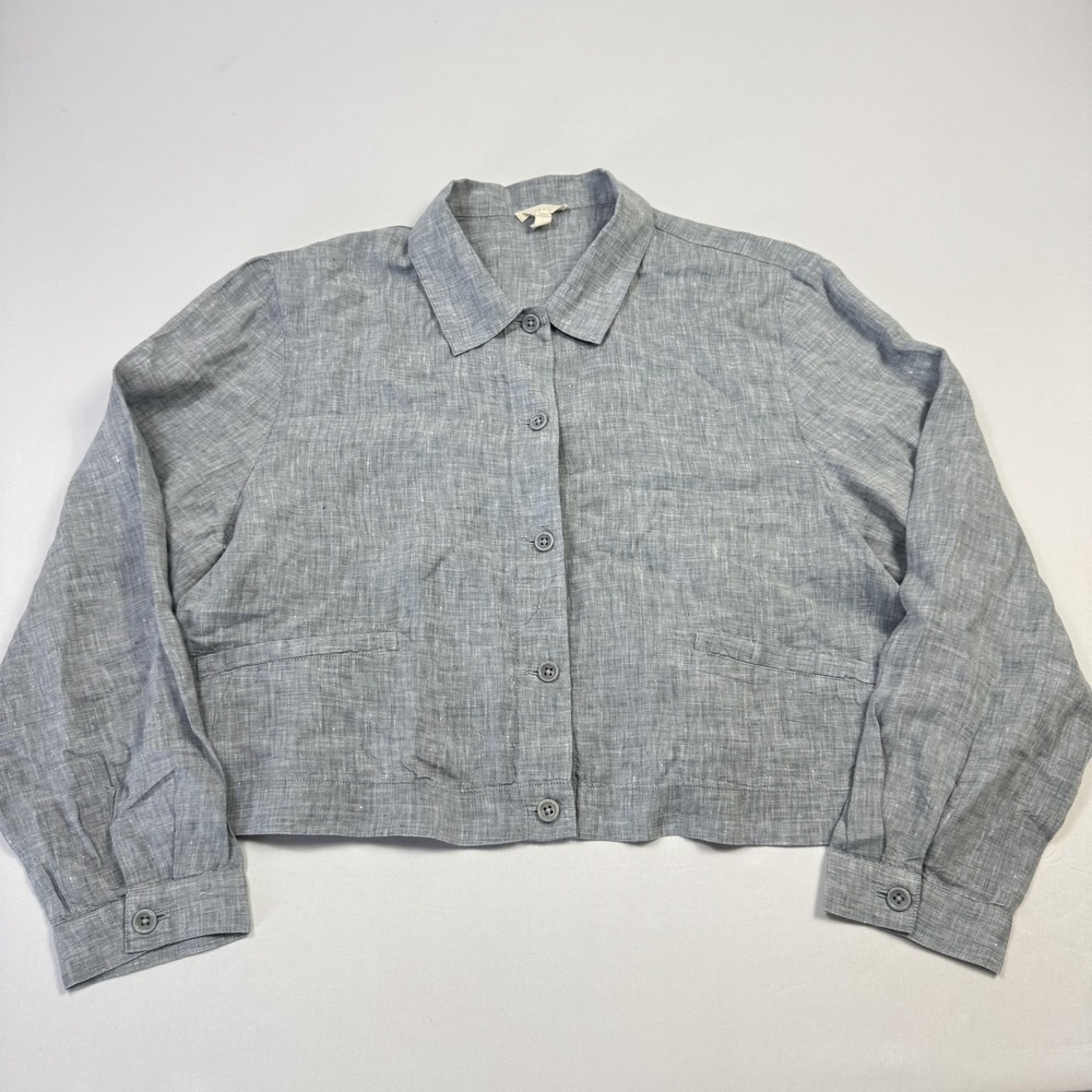 Eileen Fisher Linen Cotton Shirt Womens Large Gray Cropped Button-Up‎ Top - Picture 4 of 10